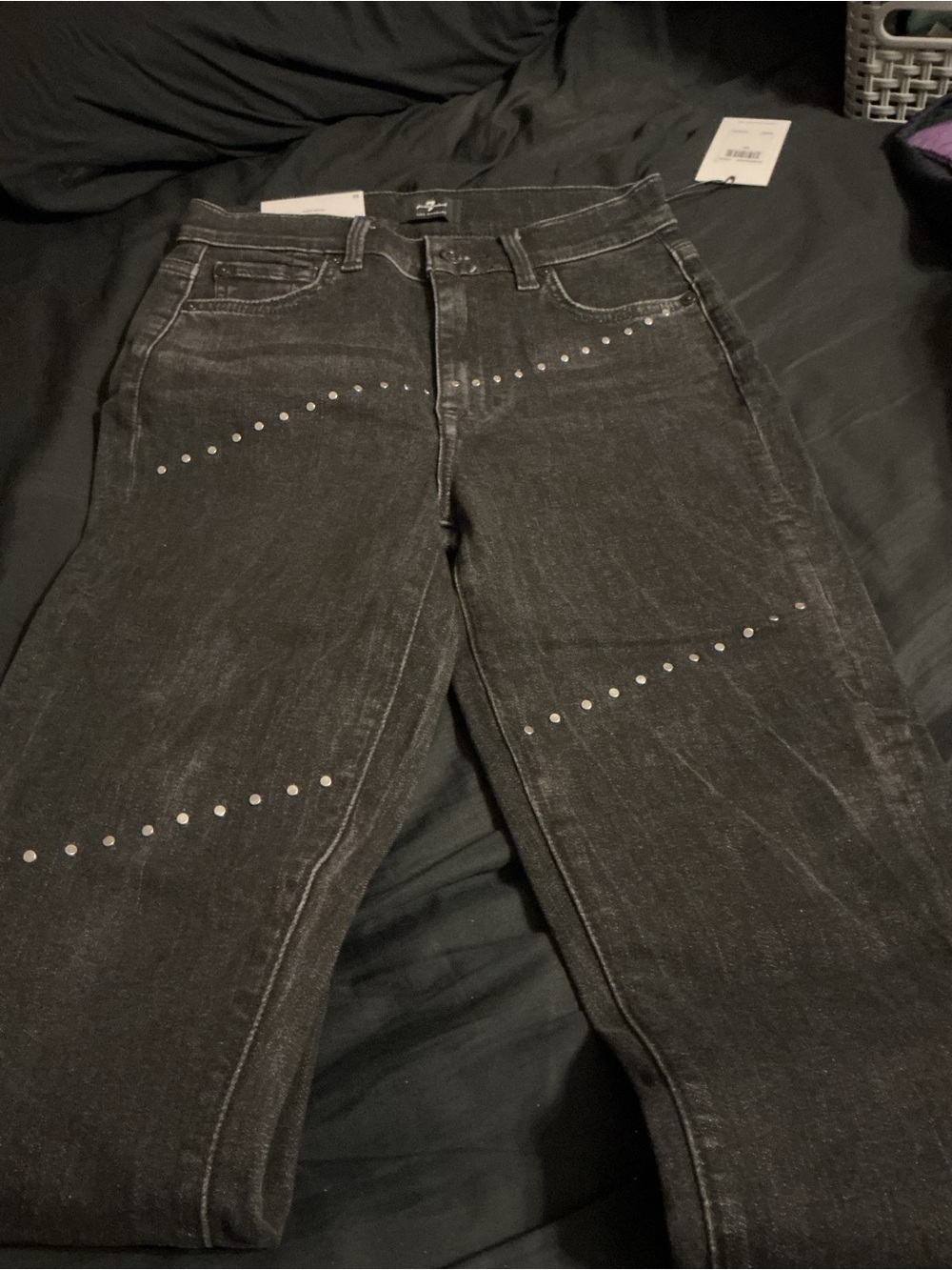 7 For All Mankind Black Straight-Leg Jeans with Silver Studs